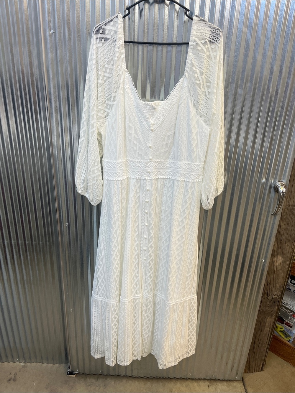 Boho V-Neck White Lace Midi Dress with Button-Front Detail